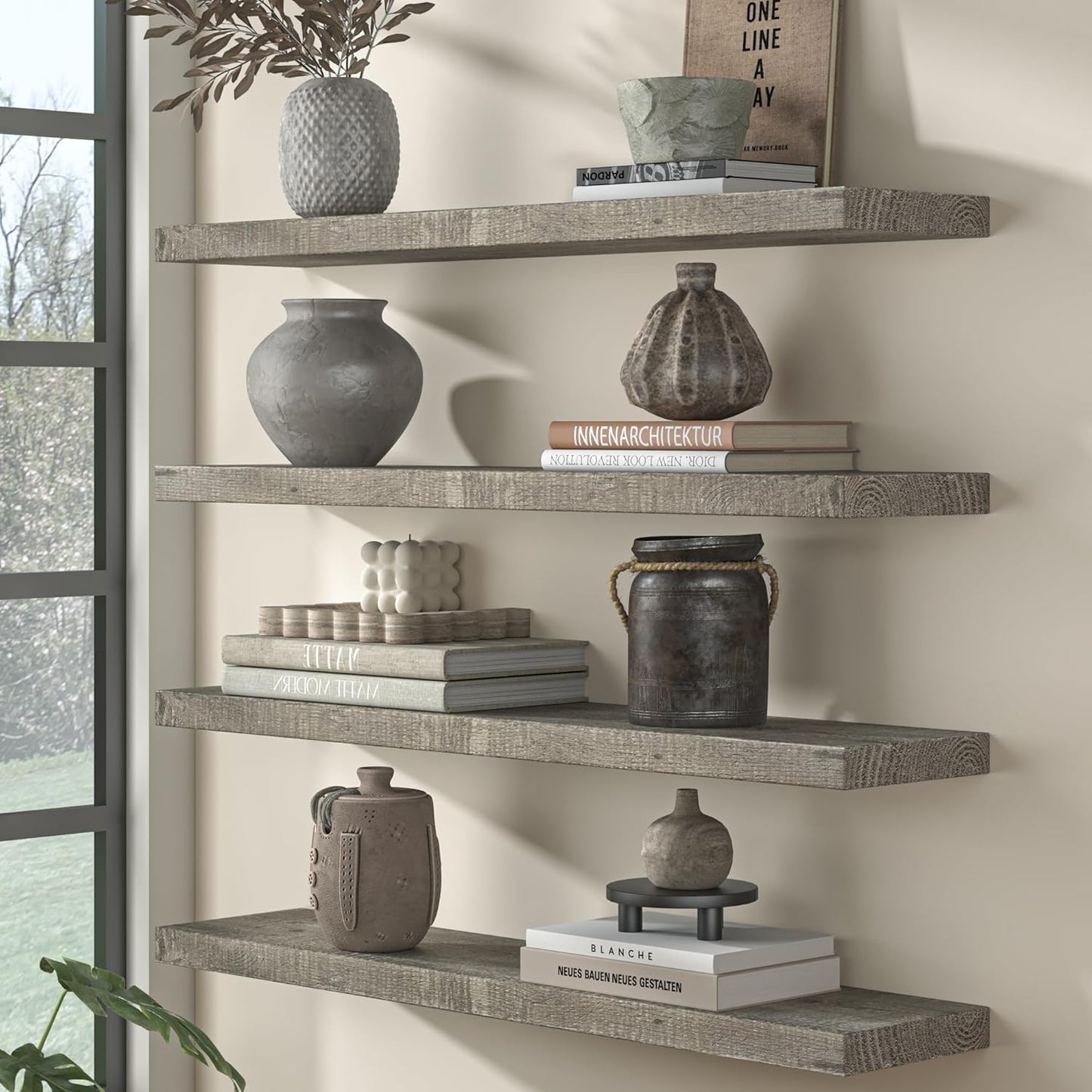 Fun Memories Floating Shelves for Wall Dec, 55"x8" Rustic Reclaimed Wood Shelves, Heavy-Duty Wall Mounted Shelves with Invisible Brackets for Living Room, Bedroom, Kitchen, Grey Finish