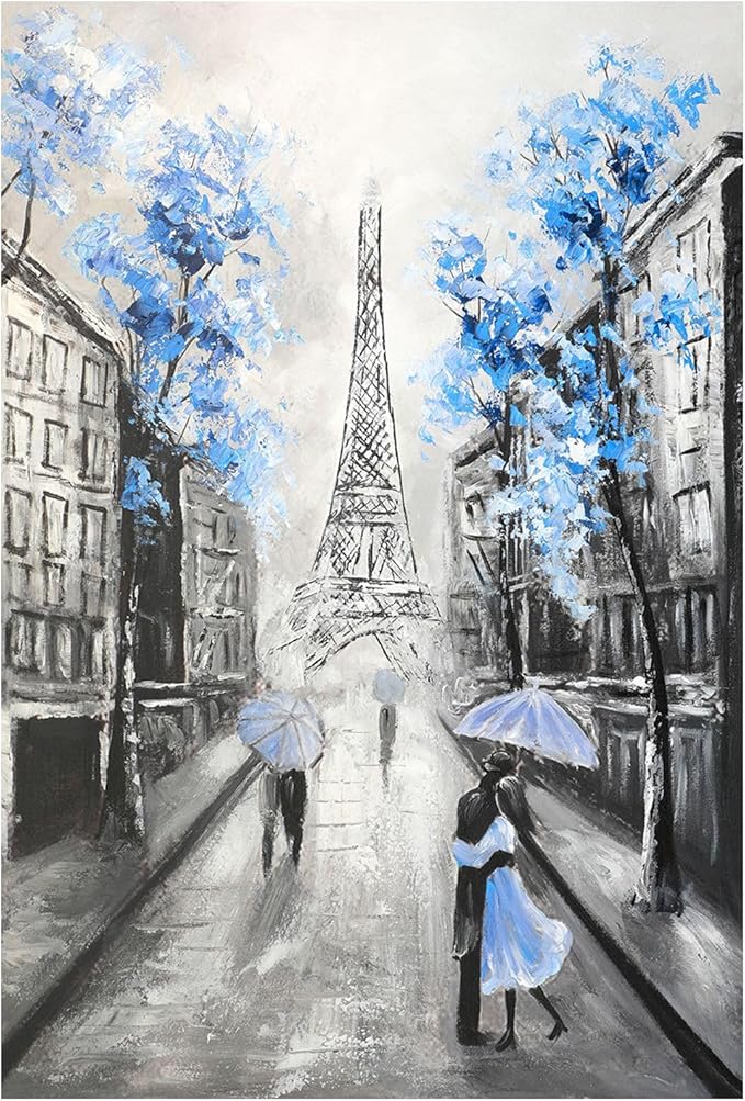 YPY Blue Floral Paris Canvas Wall Art: Black White Eiffel Tower Picture for Living Room Decor, Grey Hand Painted Textured Oil Painting Large Modern Artwork Home Decoration 12" x 17"