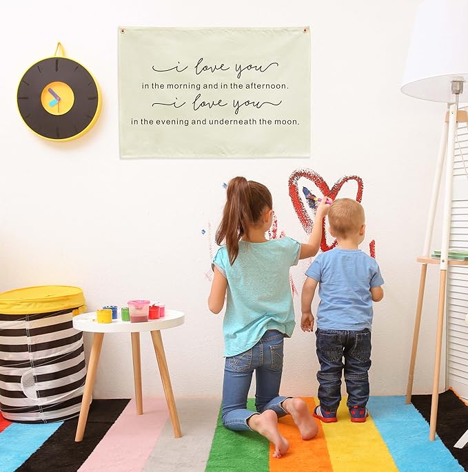 Nursery Wall Banner Decor-Rectangular Canvas Flag Poster Wall Art for Bedroom Nursery Playroom-Baby Shower Birthday Christmas Gift for Boys Girls Kids-I Love You in the Morning-Baby Growth Stuff