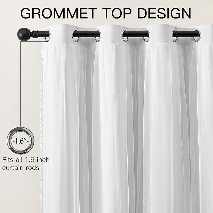 XiDi White Full Blackout Curtains 96 Inches Long Mix and Match Double Layer Curtains with Sheer Overlay Thermal Insulated Window Treatment for Living Room White Drapes with Tiebacks Grommet 34W x 96L