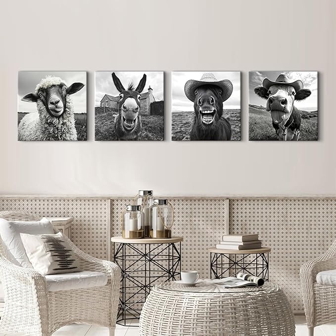 Farmhouse Animal Wall Art Funny Cow Wall Decor Black and White Prints Horse Pictures Cowboy Posters Canvas Prints Humor Animals Paintings Country Artwork for Kitchen Living Room Home Decoration 16x16”