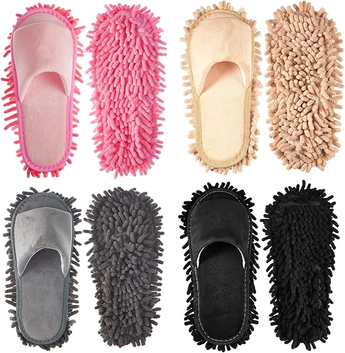 Jecery 4 Pair Washable Microfiber Mop Slippers Detachable Dusting Shoes for Floor Cleaning, Office & Home Use Suitable for Women & Men(Black, Pink, Beige, Gray,L Size)