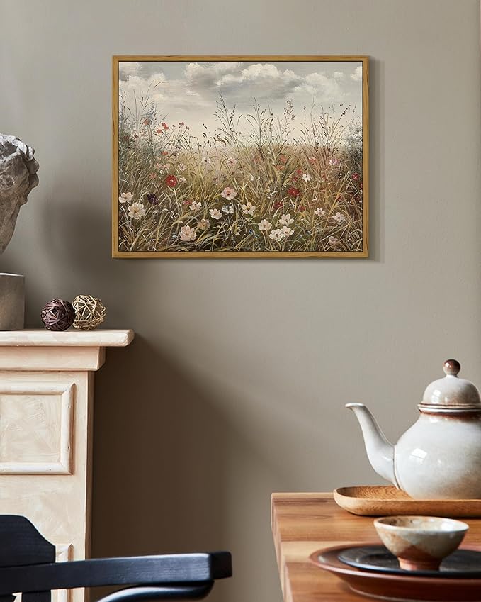 SHENIFY Vintage Landscape Framed Wall Art Meadow with Flowers Farmhouse Decor Retro Wildflower Field Scenery Painting for Kitchen Living Room Bedroom Bathroom - 11x14in Natural Framed