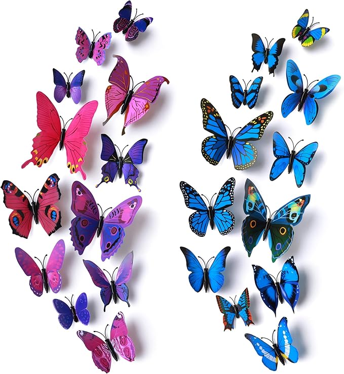 24pcs 3D Vivid Special Man-Made Lively Butterfly Wall Stickers Removable Butterflies Wall Decals 3D Nursery Art Decor for Kids Girls Bedroom Living Room Classroom Party Decoration Purple & Blue