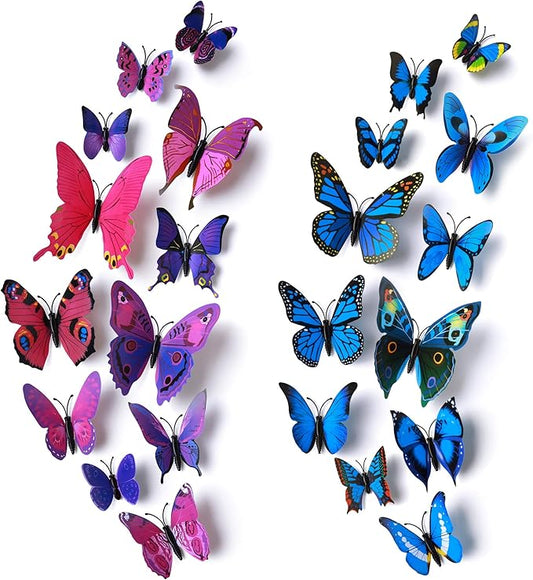 24pcs 3D Vivid Special Man-Made Lively Butterfly Wall Stickers Removable Butterflies Wall Decals 3D Nursery Art Decor for Kids Girls Bedroom Living Room Classroom Party Decoration Purple & Blue