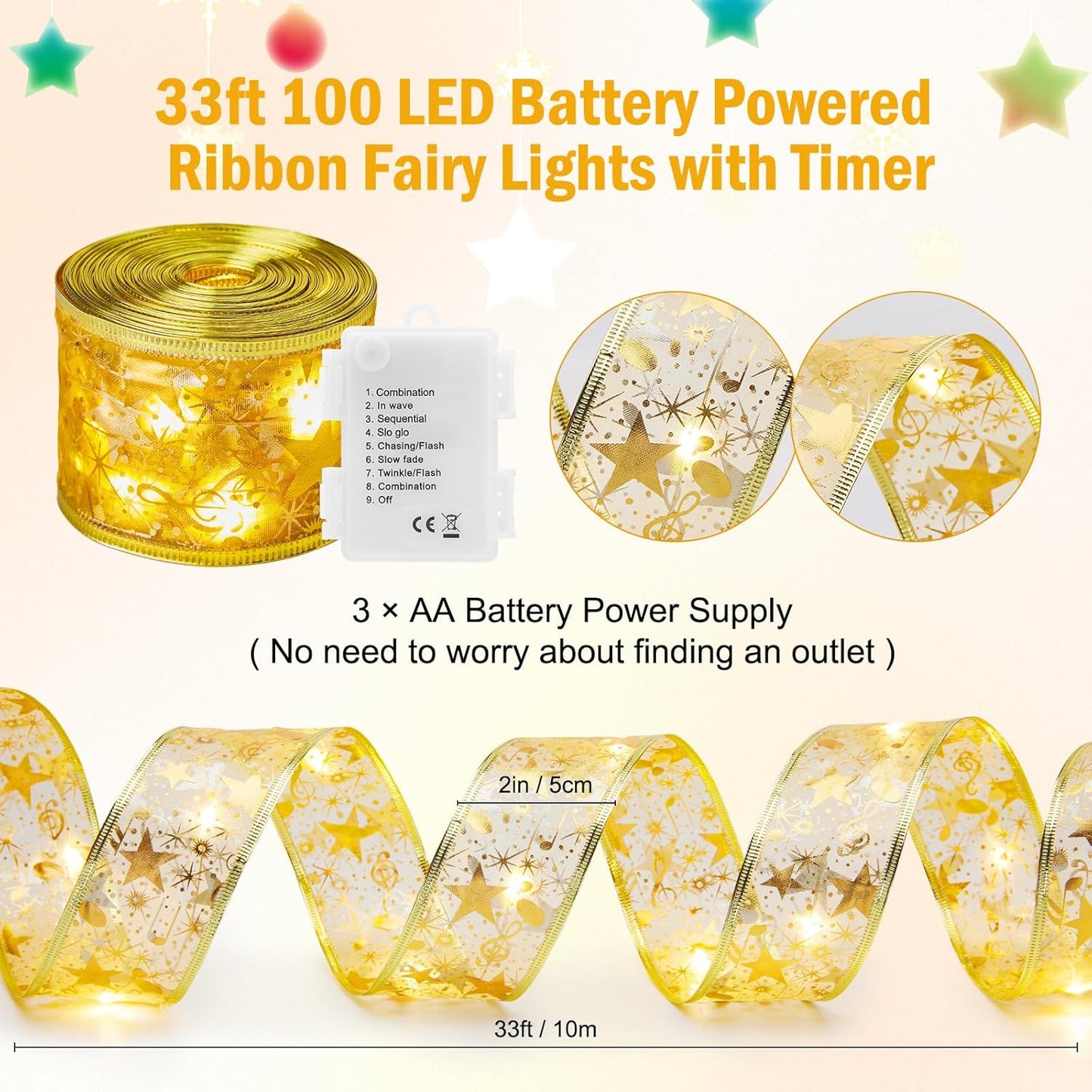 Minetom Christmas Tree Ribbon String Lights - 33ft 100 LED Battery Powered Fairy Lights with Timer and 8 Lighting Modes, Christmas Ribbon Bows Lights for 6ft - 8ft Christmas Tree New Year Decor, Gold