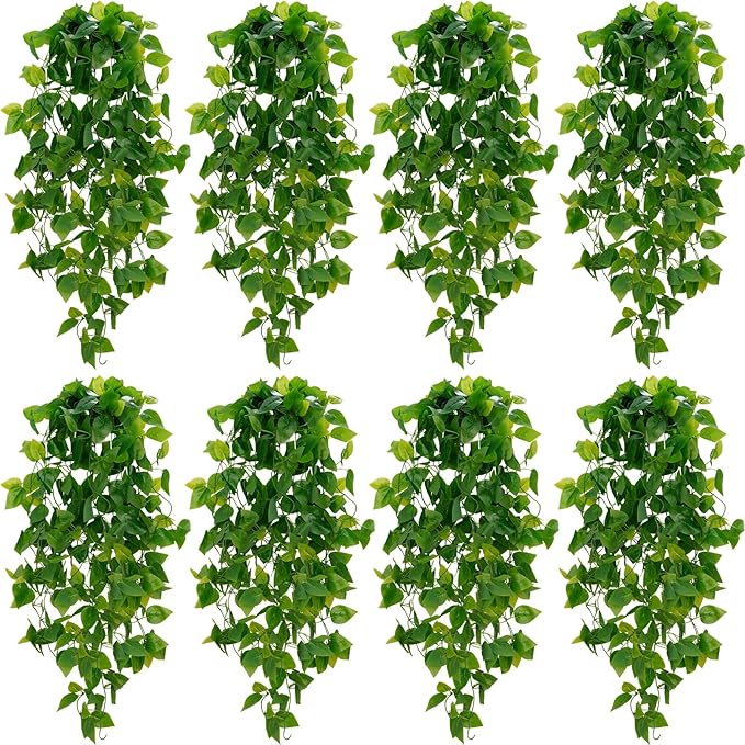 BLEUM CADE Fake Hanging Plants, 8pcs Artificial Pothos Vines Greenery for Wall Home Living Room Office Indoor Outdoor Decor (No Baskets)