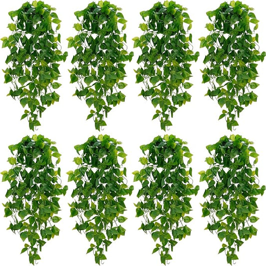 BLEUM CADE Fake Hanging Plants, 8pcs Artificial Pothos Vines Greenery for Wall Home Living Room Office Indoor Outdoor Decor (No Baskets)