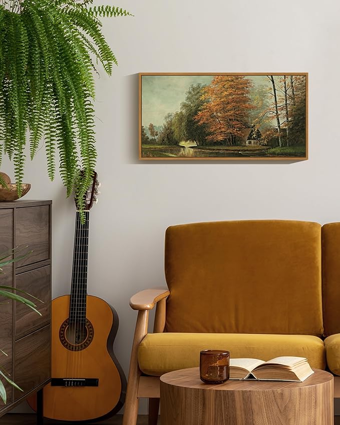 SHENIFY Vintage Framed Wall Art Countryside River Landscape Painting Retro Fall Scenery Farmhouse Kitchen Living Room Decor - 8x16in Natural Framed