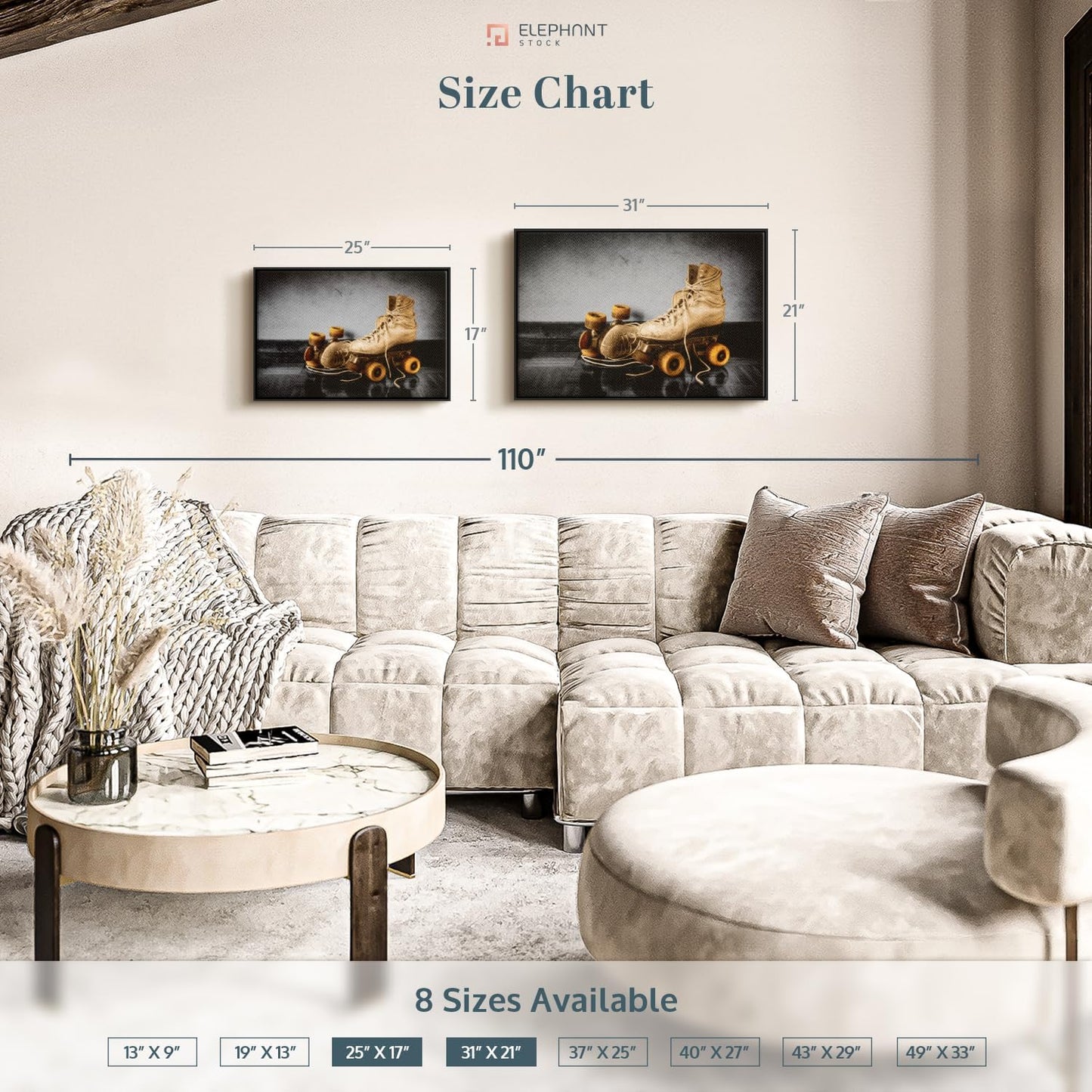 ElephantStock Vintage Skates Pop Wall Art - Horizontal Framed Canvas - 1-Piece Living Room Wall Decor - Sport Photography Canvas Print - Beige and Black Decor for Wall - 31" X 21"