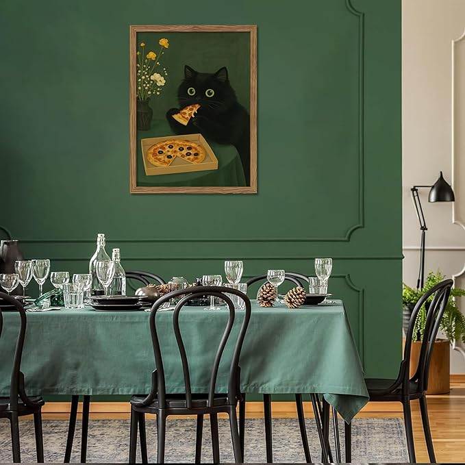 Framed Black Cat Wall Art, Cute The Cat Eating Pizza Canvas, Funny Kitchen Pictures Decor, Playful Food Lover Prints Artwork, Whimsical Animal Wall Decor for Kitchen Dining Room – 16x24 inch