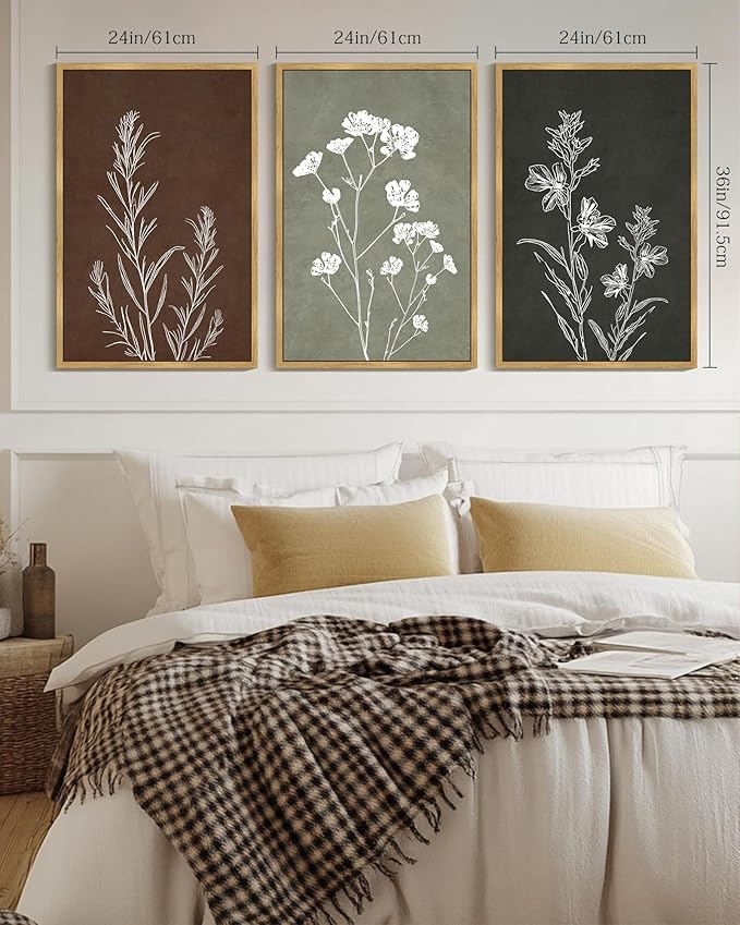 Drsoum Vintage Boho Flower Wall Art Framed Retro Botanical Floral Wall Prints Wildflower Neutral Rustic Bohemain Artwork Kitchen Bedroom Ready to Hang 24x36in Natural Framed
