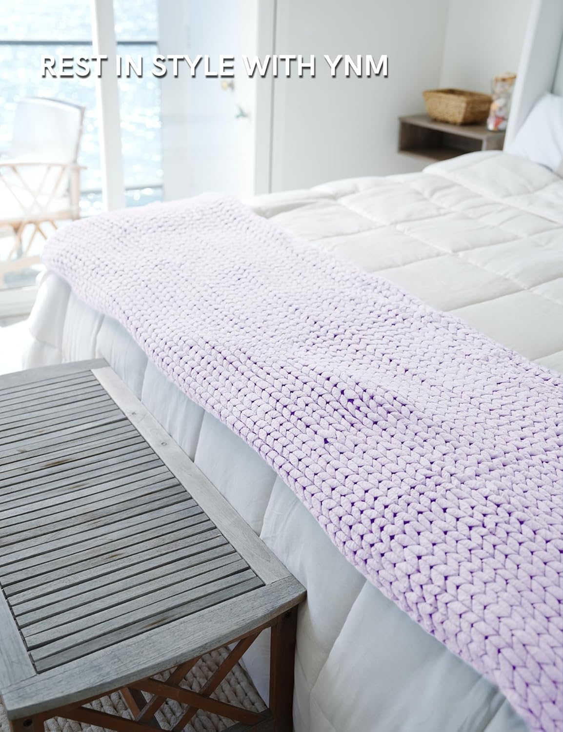 YnM Chunky Throw Blanket, Medium-Weight, Hand Knitted, Skin Friendly, Ventilated and Breathable, Machine Washable, Home Décor Piece for Couch, Sofa and Bed (Iris Lavender, 80x87 Inch)