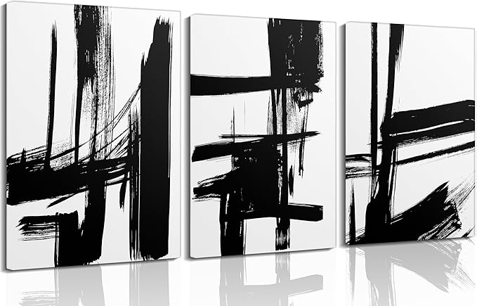 3Pcs Black and White Canvas Wall Art Modern Abstract Paintings Minimalist Line Posters Prints Wall Decor Black and white picture Artwork for Living room Bedroom Bathroom Office Home16x24in Frame