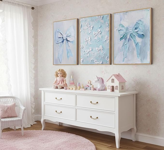 3Pcs Trendy Blue Bow Canvas Wall Art Vintage Cute Preppy Watercolor Bow Painting Pictures Wall Decor Posters Prints Girly Aesthetic for College Apartment Bedroom Decoration Unframed