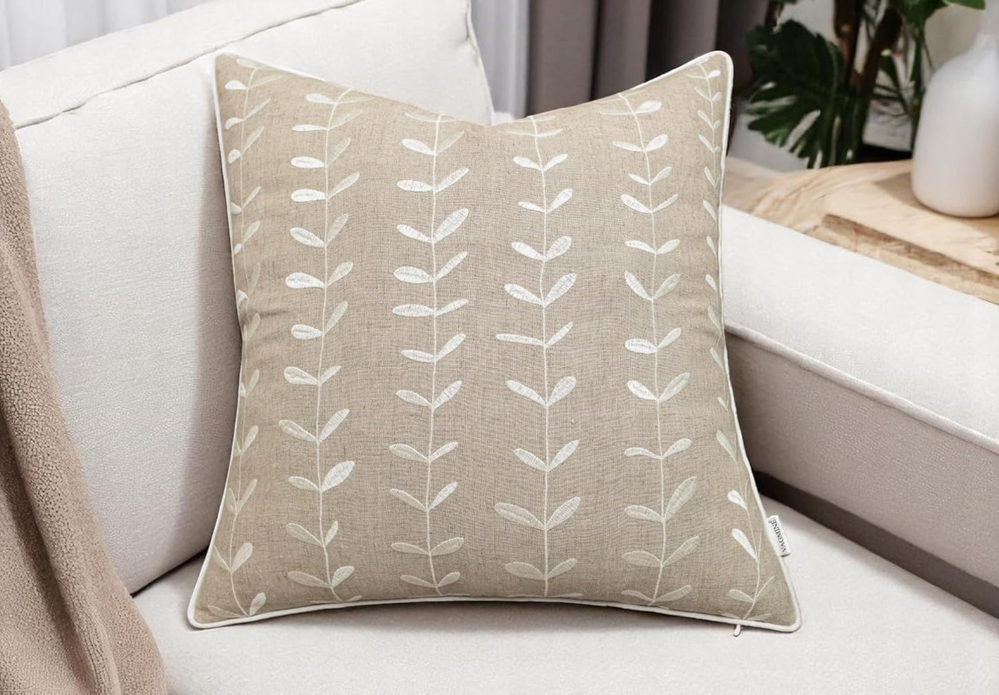 VAGMINE Embroidered Lollipop Cushion Cover - 20x20 Inches Square - 100% Linen Natural Throw Pillow Case - Textured Farmhouse Boho Décor - Elegant Rustic Accent for Sofa, Couch, Bedroom, Home Styling
