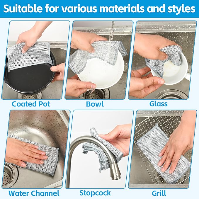 12Pack Multipurpose Wire Dishwashing Rags, Upgrade Non Scratch Wire Dishcloth, for Wet and Dry Use, Reusable Metal Scrubbing Microfiber Clean Cloths for Home/Kitchen/Stove
