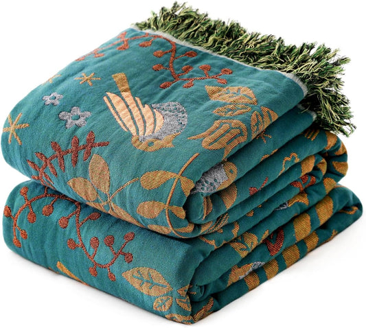 MSGKV Boho Throw Blanket Queen Size Cotton Blanket for Couch and Sofa Living Room Blanket Summer Bed Cozy Gauze Blanket 90" x 90"