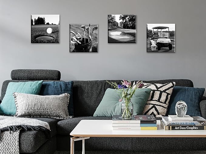 DJSYLIFE Golf Decor Golf Course Wall Art - Sport Poster Black and White Canvas Prints Picture for Modern Home Office Men Bedroom Decoration Stretched and Framed Ready to Hang 12"X12"X4