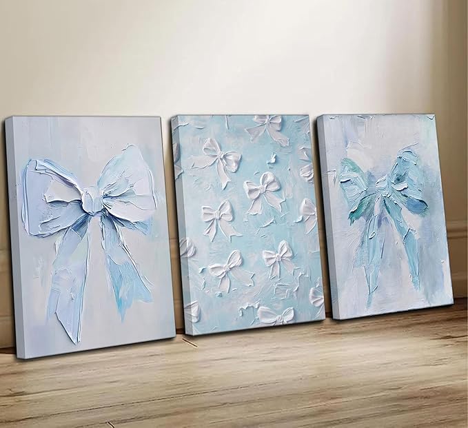 3Pcs Trendy Blue Bow Canvas Wall Art Vintage Cute Preppy Watercolor Bow Painting Pictures Wall Decor Posters Prints Girly Aesthetic for College Apartment Bedroom Decoration