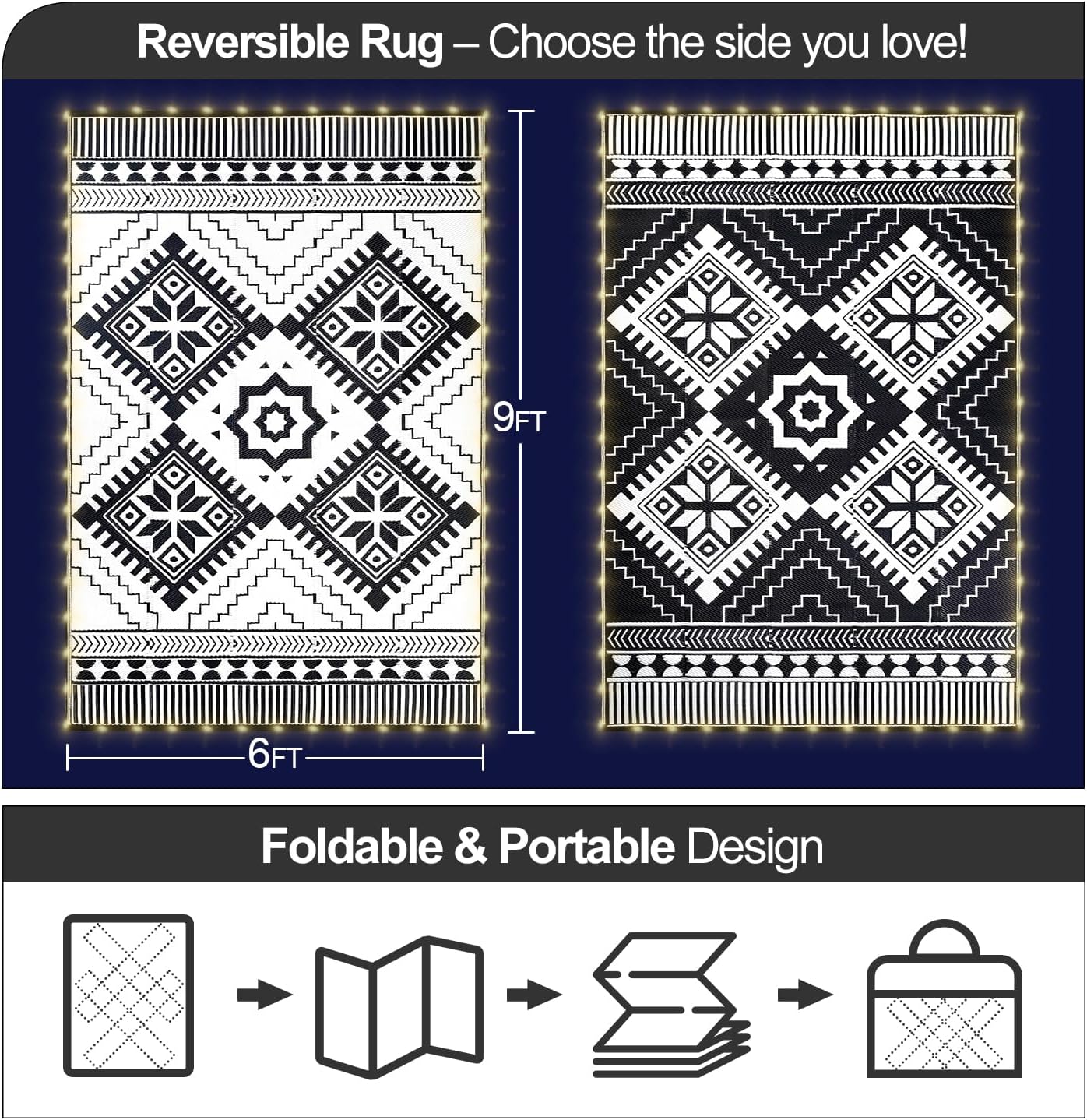 6x9ft Waterproof Outdoor Rug with LED Lights, Boho Reversible Plastic Straw Mat for Patio RV Camping Picnic Balcony Beach Deck Indoor Outdoor Carpet, Black&White