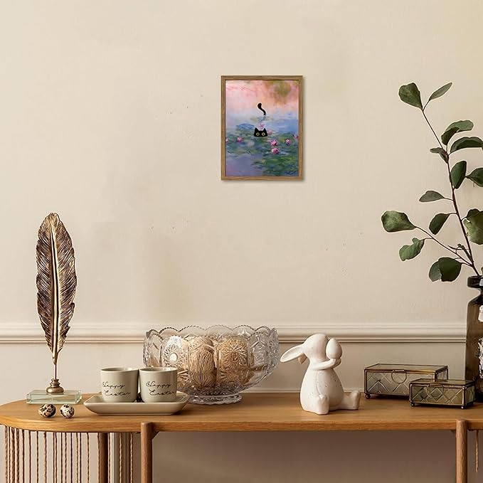 Vintage Framed Cat Canvas Wall Art Monet Print, Funny Black Cat in Water Lilies Poster, Monet Office Wall Decor, Floral Oil Painting Picture Artwork for Living Room Bathroom Aesthetic – 8x10 inch