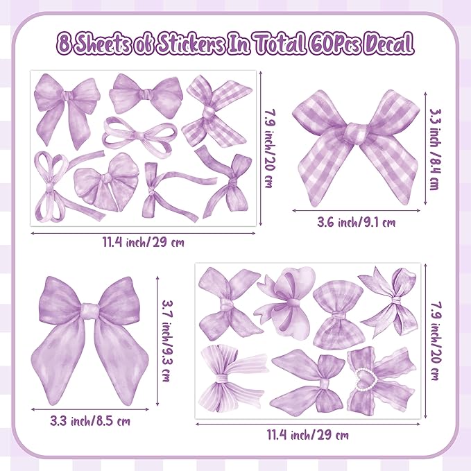 A1diee Purple Bow Wall Stickers - 60Pcs Trendy Light Purple Watercolor Coquette Aesthetic Wall Stickers Bow Knot Baby Room Decor Vinyl Decals Art Wallpaper for Boys Girls Bedroom Kindergarten Nursery