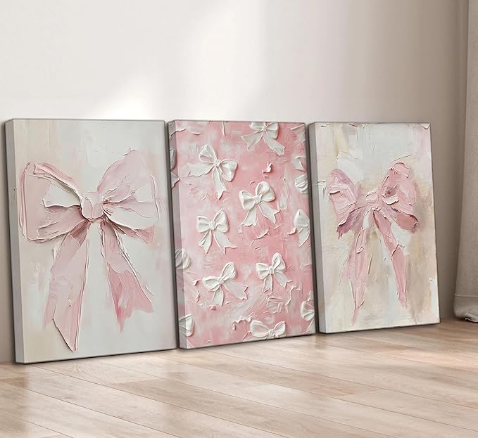 3Pcs Trendy Pink Bow Canvas Wall Art Vintage Cute Preppy Watercolor Bow Painting Pictures Wall Decor Posters Prints Girly Aesthetic for College Apartment Bedroom Decoration