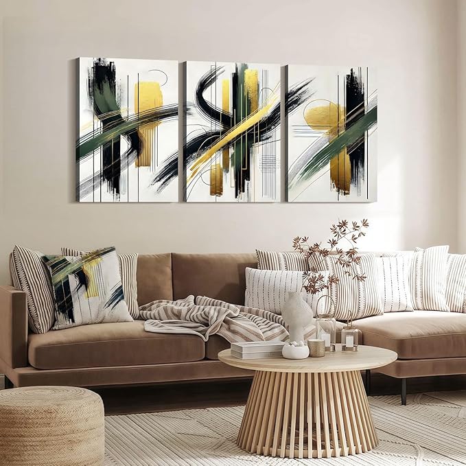 3 Pcs Framed Abstract Wall Art Modern Gallery Prints Black Green Gold Lines Canvas Painting Minimalist Poster Picture Living Room Bedroom Office Wall Decor 12x16 Inch Ready To Hang
