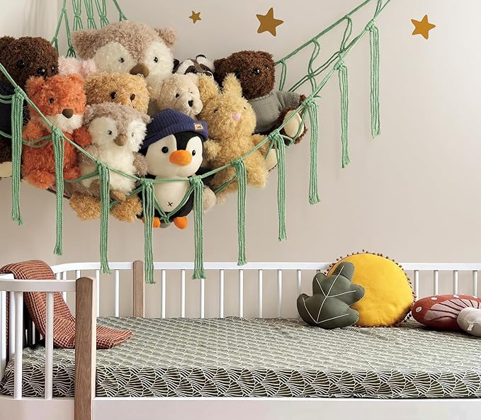 Stuffed Animal Hammock Corner Net for Toys Storage Hanging Stuff Animal Organizer Holder Matcha Green Room Bedroom Nursery Decor Organization