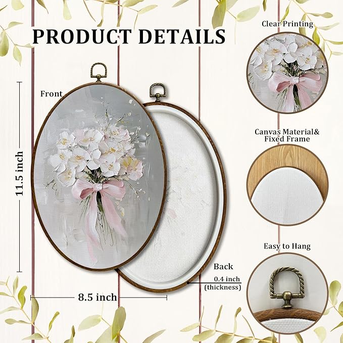 JQF Vintage Cottagecore Floral Oval Wall Decor, Coquette Pink Bow Flower Bouquet Oval Canvas Wall Art, Watercolor Retro Floral Framed Prints Hanging Decor for Home Bedroom Living Room, 8.5x11.5 Inch