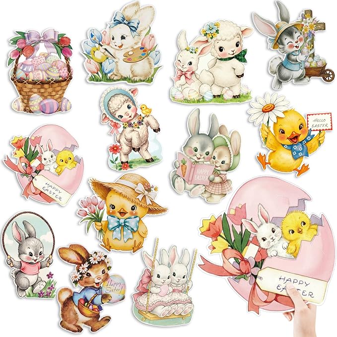 12 Pcs Large Vintage Easter Cutouts Watercolor Double Sided Printing Happy Easter Paper Cuts Spring Rustic Farmhouse Bunny Rabbit Egg Cutout for Party Baby Shower Birthday Classroom Wall Decor
