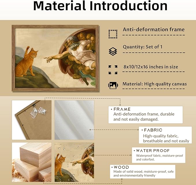 Framed Vintage Cat Canvas Wall Art, Funny Orange Cat Parody Classic Masterpiece Prints, Renaissance-Inspired Animal Artwork, Retro Humorous Wall Decor for Living Room Bedroom Playroom – 8x10 inch