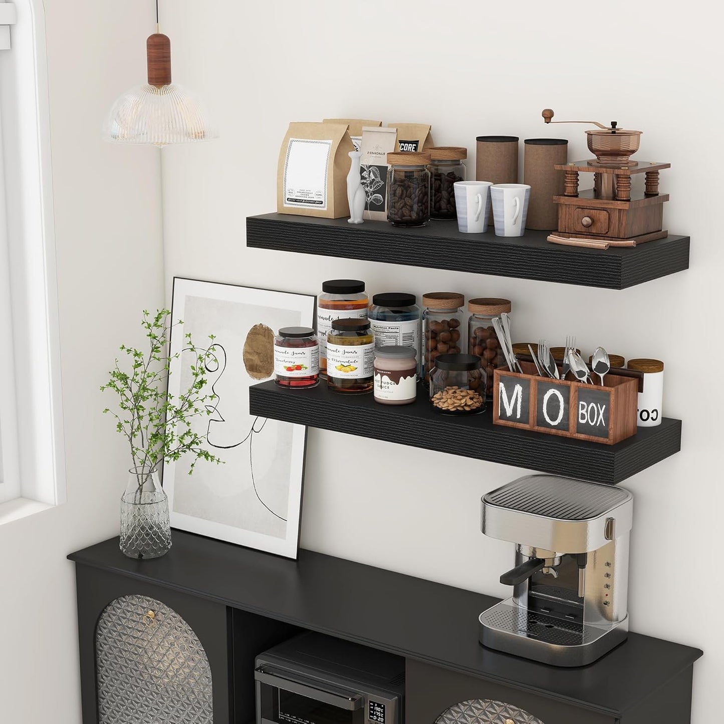 Deep Floating Shelves for Wall, 12'' Deep Large Floating Shelves Set of 2, 36 Inch Distressed Black Wood Shelves for Living Room Bathroom Laundry Room Bedroom Kitchen Home Office - Black