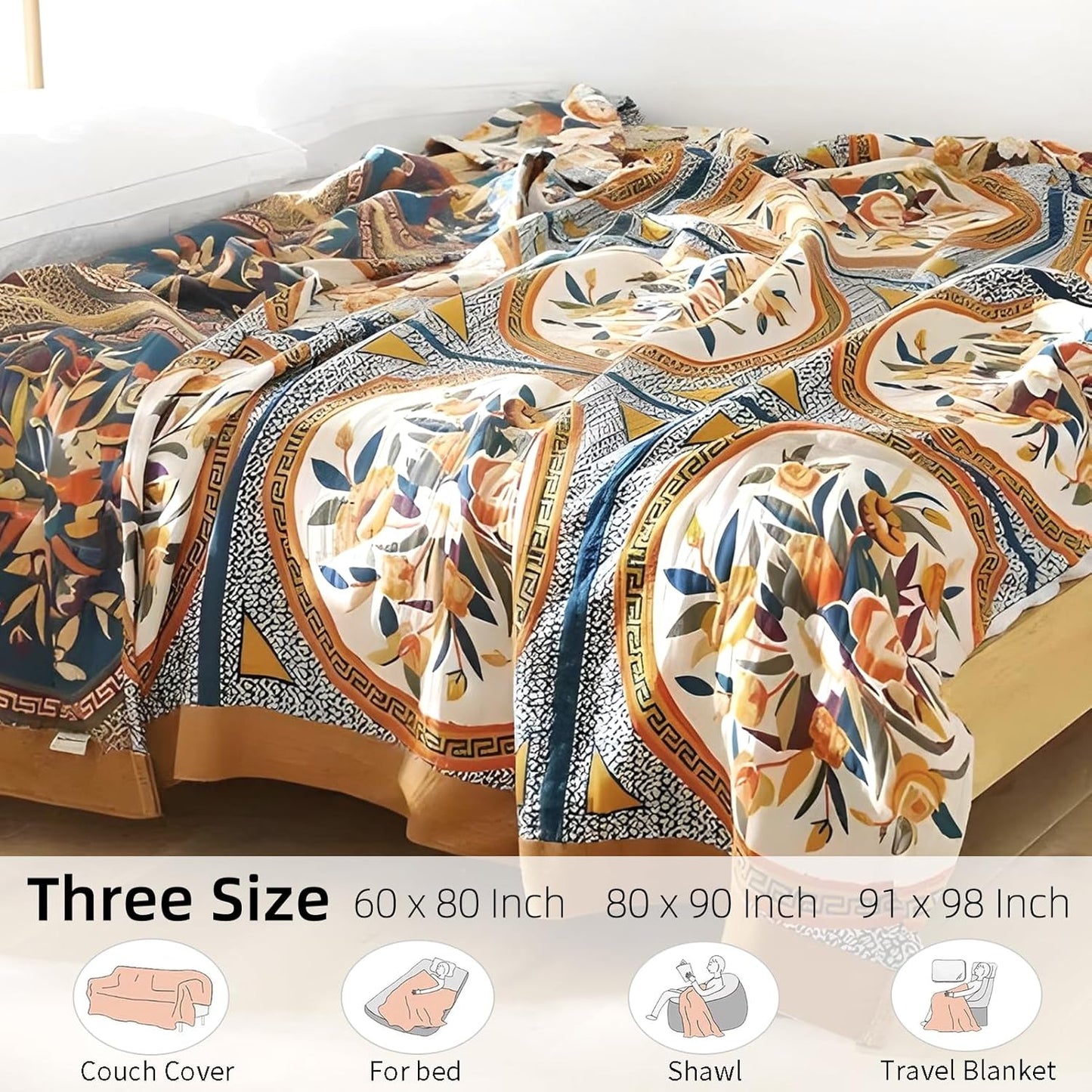 Boho Throw Blanket for Bed - 100% Pure Cotton Ultra Soft Rustic Quilt - Farmhouse Decor Bed Blankets, All Season Rustic Throw for Sofa Couch Chair(91''x 98'', Floral)