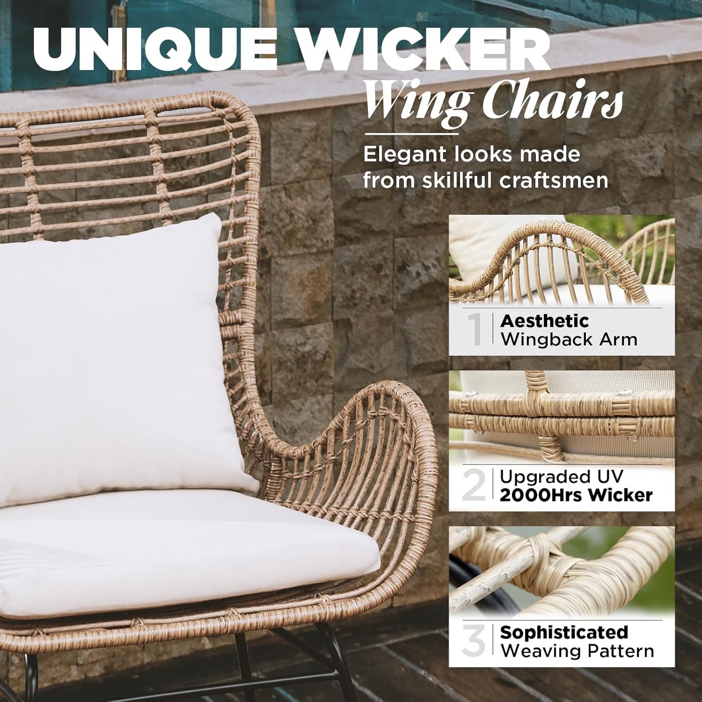 IDZO Isabelle Upgraded 2000 Hours UV Wicker Chairs Outdoor Set of 2, 500 lbs Capacity Outdoor Patio Chair, All-Weather Club Chair with Water-Resistant Olefin Cushions, Boho Style, Beige