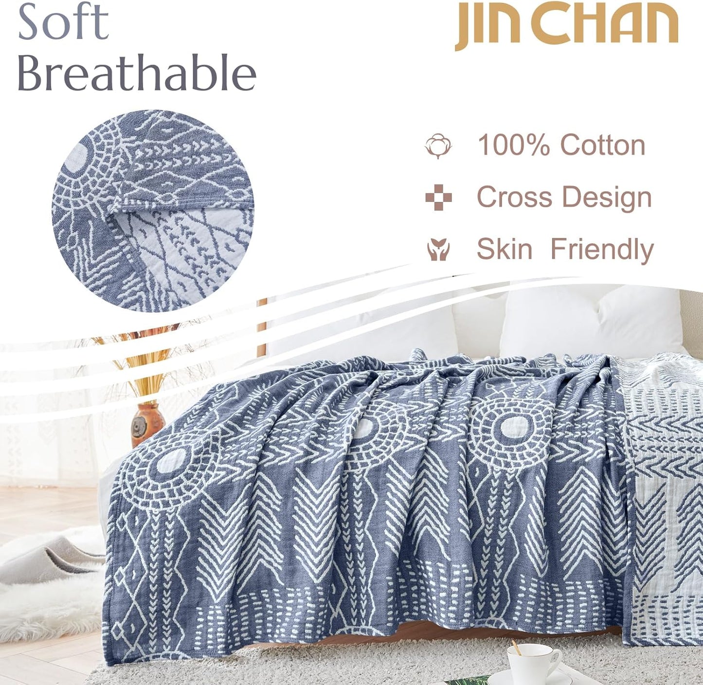 JINCHAN Boho 100% Cotton Muslin Blanket 3-Layer Twin Size Geometric Lightweight Reversible Soft Cozy Throw for Couch Sofa Bed All Season Coverlet Ideal Gift Bedroom Living Room Decor Blue 60x80 Inches