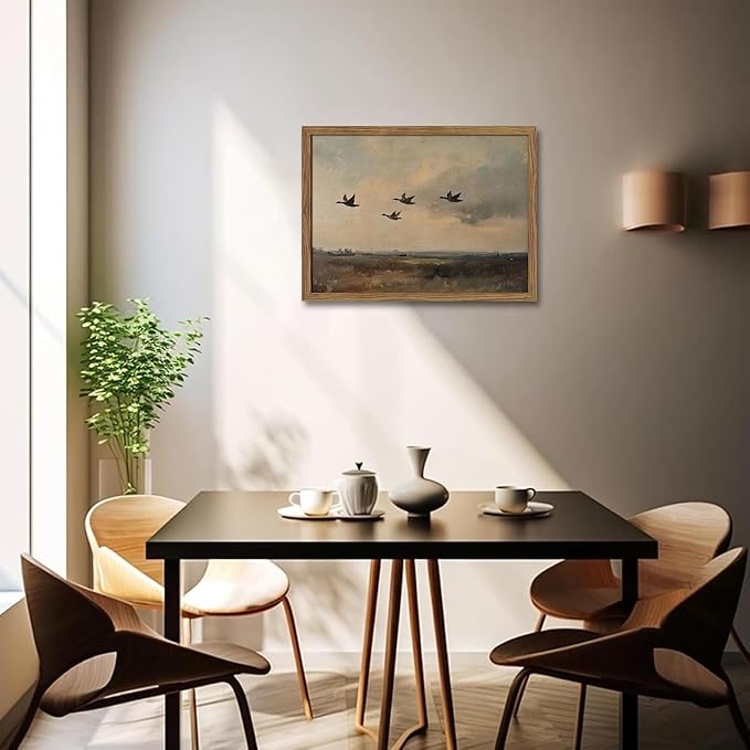 Framed Flying Ducks Canvas Wall Art, Rustic Countryside Landscape Painting, Vintage Birds Poster Print, Modern Farmhouse Ducks Wall Decor for Living Room Bedroom – 16x24 inch