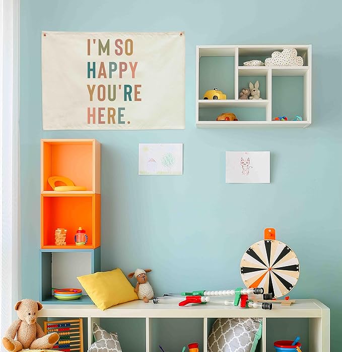 I’m So Happy You’re Here-Canvas Banner Wall Decor Hanging Rectangular Flag Poster Sign for Kids Boy Girl Teen,Classroom Kindergarten Reading Room Playroom Decoration,Back to School Gift
