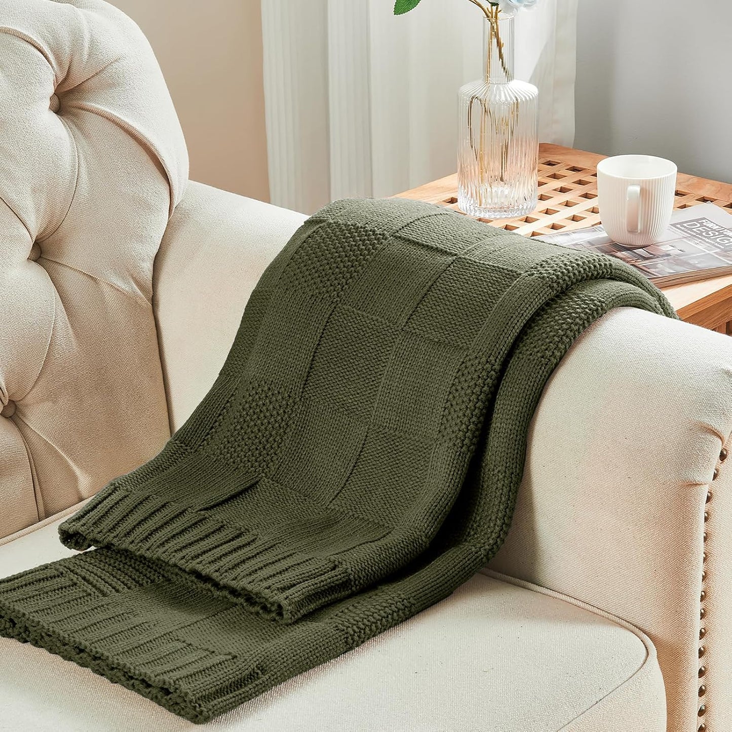 CozeCube Check Knit Throw Blanket, Olive Green Checkered Throw for Couch, Decorative Christmas Soft Cozy Warm Knitted Blanket for Bed Sofa Living Room, 60"X80"