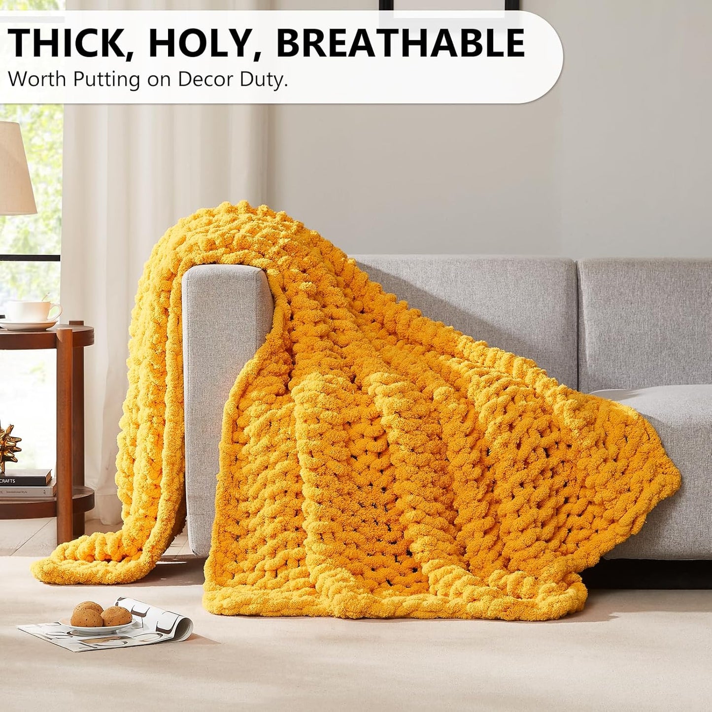 L'AGRATY Chunky Knit Throw Blanket - 40x50: 100% Hand-Knitted Chenile Crochet Blanket For Home Decor (Mustard Yellow)