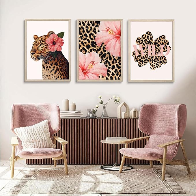 Trendy Leopard Wall Art Pink Cheetah Print Room Decor Leopard Flower Canvas Wall Decor Cheetah Aesthetic Poster Girly Pink Preppy Picture Funky Y2k Artwork for Girl Bedroom 12x16x3 Inch Wood Framed