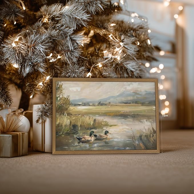Clicyre Vintage Mallard Duck Swimming on Pond Canvas Wall Art Decor, Rustic Wildlife Nature Painting for Cabin Lake House Woodland Lodge, Framed Waterfowl Bird Pictures for Man Cave Men's Gift, 16x24