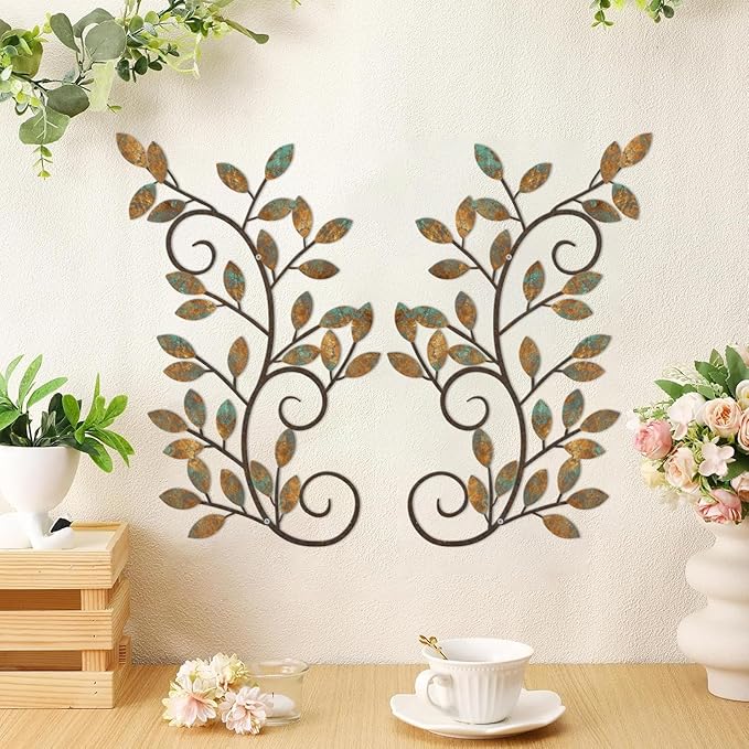 ESTART 2 Pieces Metal Tree Leaf Wall Decor Vine Olive Branch Leaf Wall Art Ornament Wall Hanging Sign for above Door, Living Room, Bathroom, Office, Indoor and Outdoor Decoration (Rusty Color)