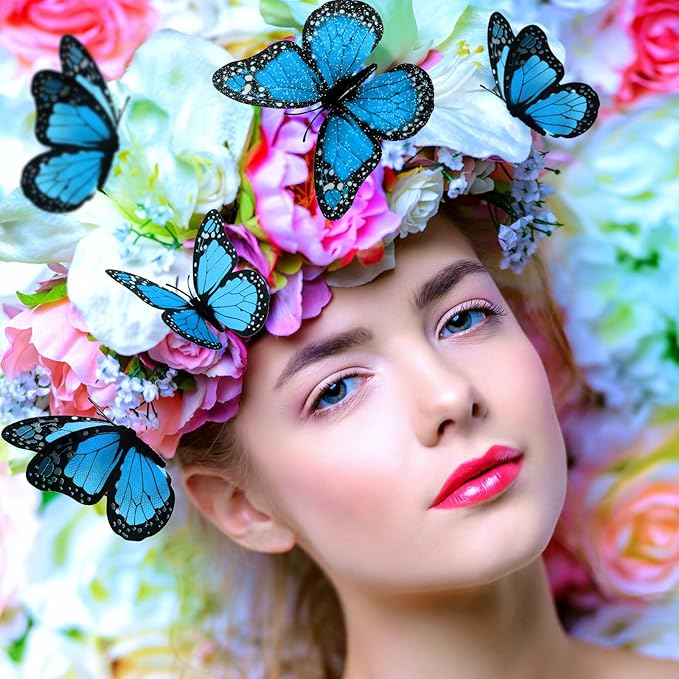 Chuangdi 48 Pcs Blue Monarch Butterfly Decorations 3 Size Fake Butterflies Realistic Butterfly Craft Artificial Mariposas Wall Decor for Craft Wedding Home Birthday Party (3.2inch,4inch,4.7inch)