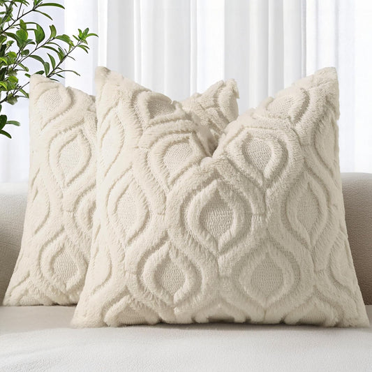 decorUhome Fall Throw Pillow Covers 16x16 Inch Set of 2, Soft Plush Decorative Faux Fur Beige Solid Couch Pillow Covers, Accent Farmhouse Neutral Square Euro Pillow Cases for Sofa Bed Living Room