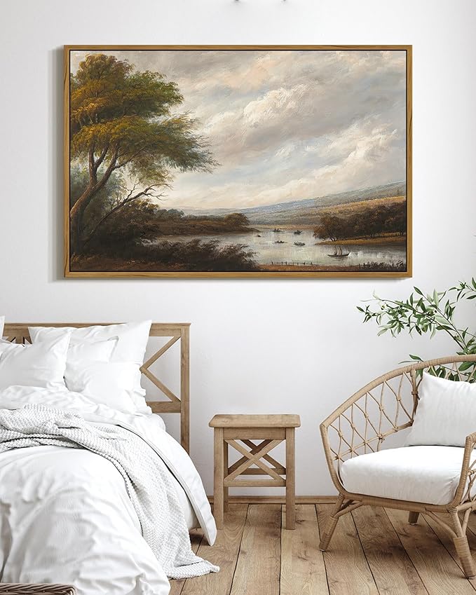 SHENIFY Vintage Landscape Framed Wall Art Riverside Scenery Farmhouse Decor Retro Boat Travel Painting for Hallway Living Room Bedroom Dining Room - 24x36in Natural Framed