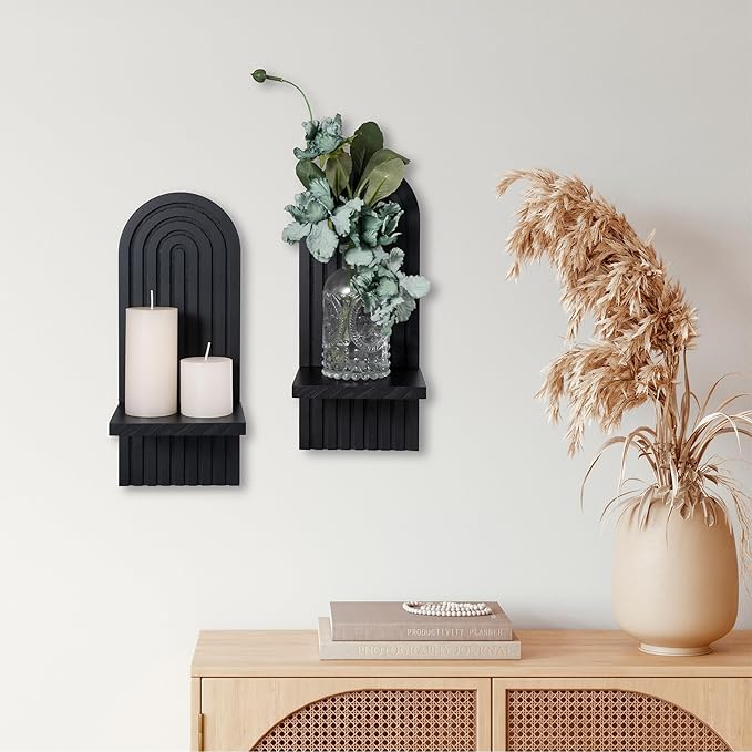 Sconces Wall Decor Set of 2, Wall Candle Holder Rustic Home Decor, Floating Candle Sconces Shelf Black Wall Art, Farmhouse Wall Decor for Living Room, Dining Room, Bedroom, Bathroom