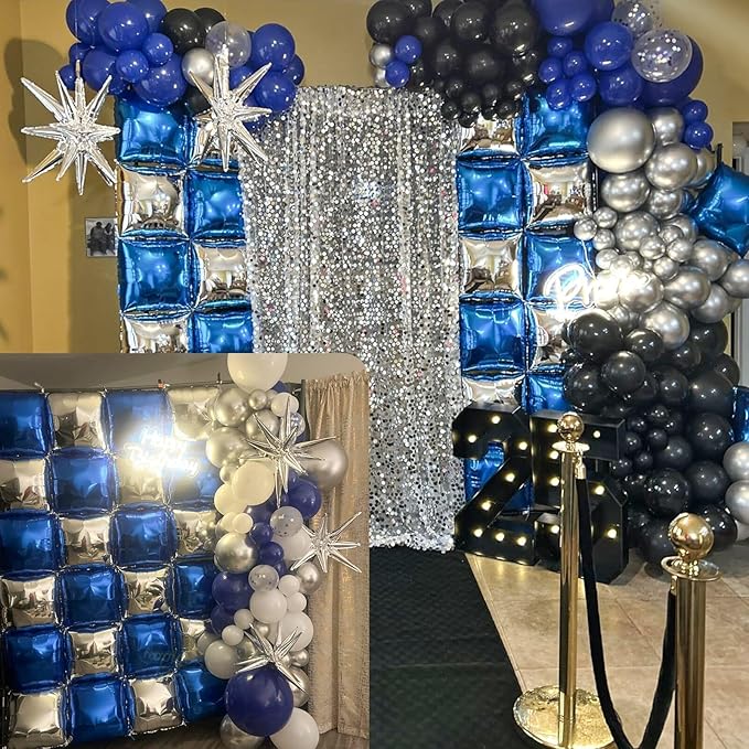 25pcs Blue and Silver Foil Square Balloon Backdrop Wall with 149pcs Royal Blue White Silver Balloons Arch, Double Sided Balloon Tunnel with Star Balloons for Graduation,New Year Party Decor