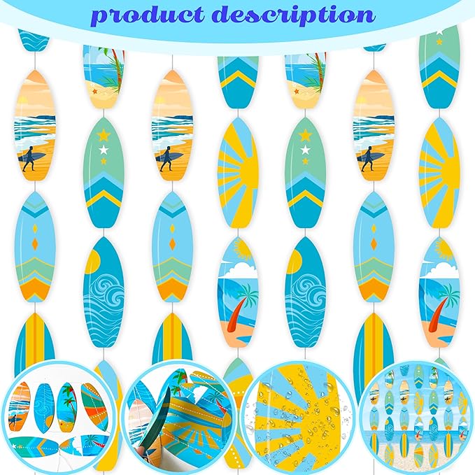 6pcs Surfing Surfboard Party Hanging Garlands Summer Surfing Birthday Party Decoration Surfboard Theme Banner Garlands Room Wall Decor for Summer Beach Surf Baby Shower Supplies